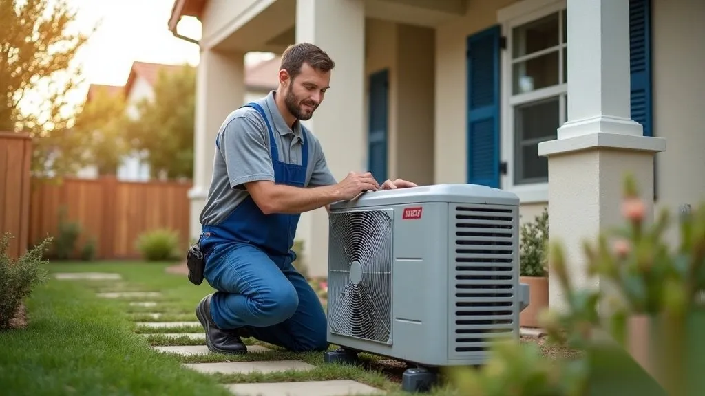 Hans Energy Systems technician servicing a high-efficiency AC unit at a San Diego home