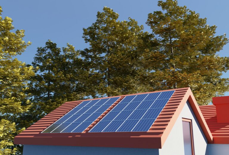 A house featuring solar panels installed on the roof, showcasing renewable energy use.