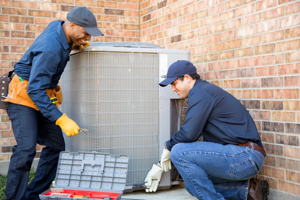 Two men repairing an air conditioner, focused on their work with tools in hand.