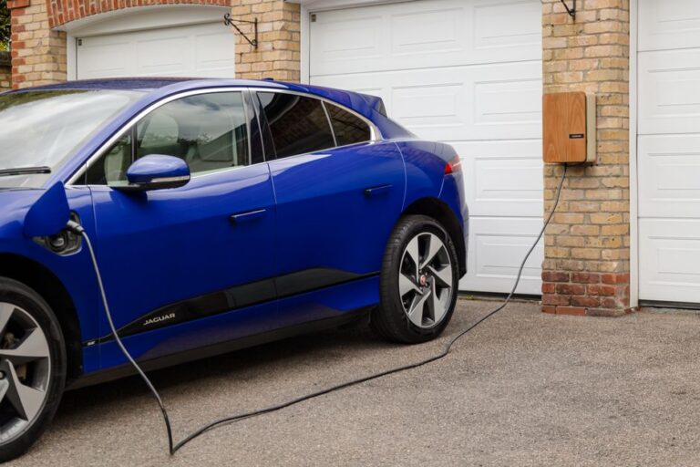 home EV charger in modern garage with electric vehicle plugged in