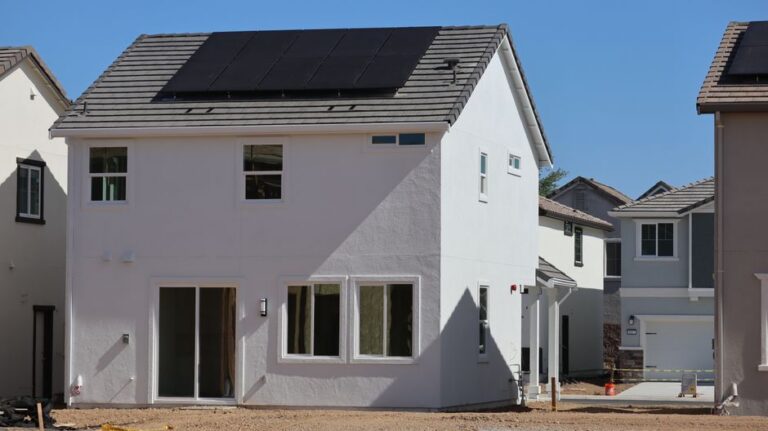 energy efficient California home with solar panels and heat pump